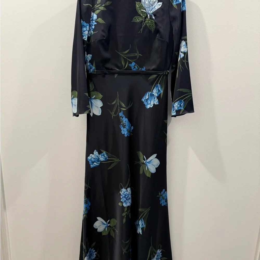NWT Sachin + Babi Black and Blue Floral  Dress Alex Sequin Long Sleeve Satin - Picture 6 of 10